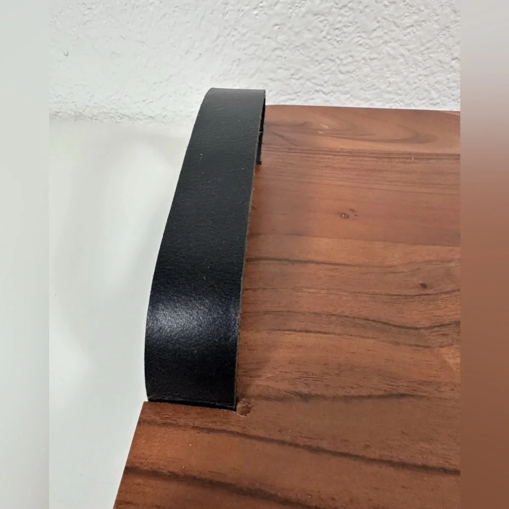 Crate And Barrel Brantley Serving Board Wood Leather Handles Tray Entertaining